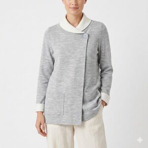JONES & CO. Merino Wool Blend One Button Cardigan Grey & Cream Patch Pockets SzL